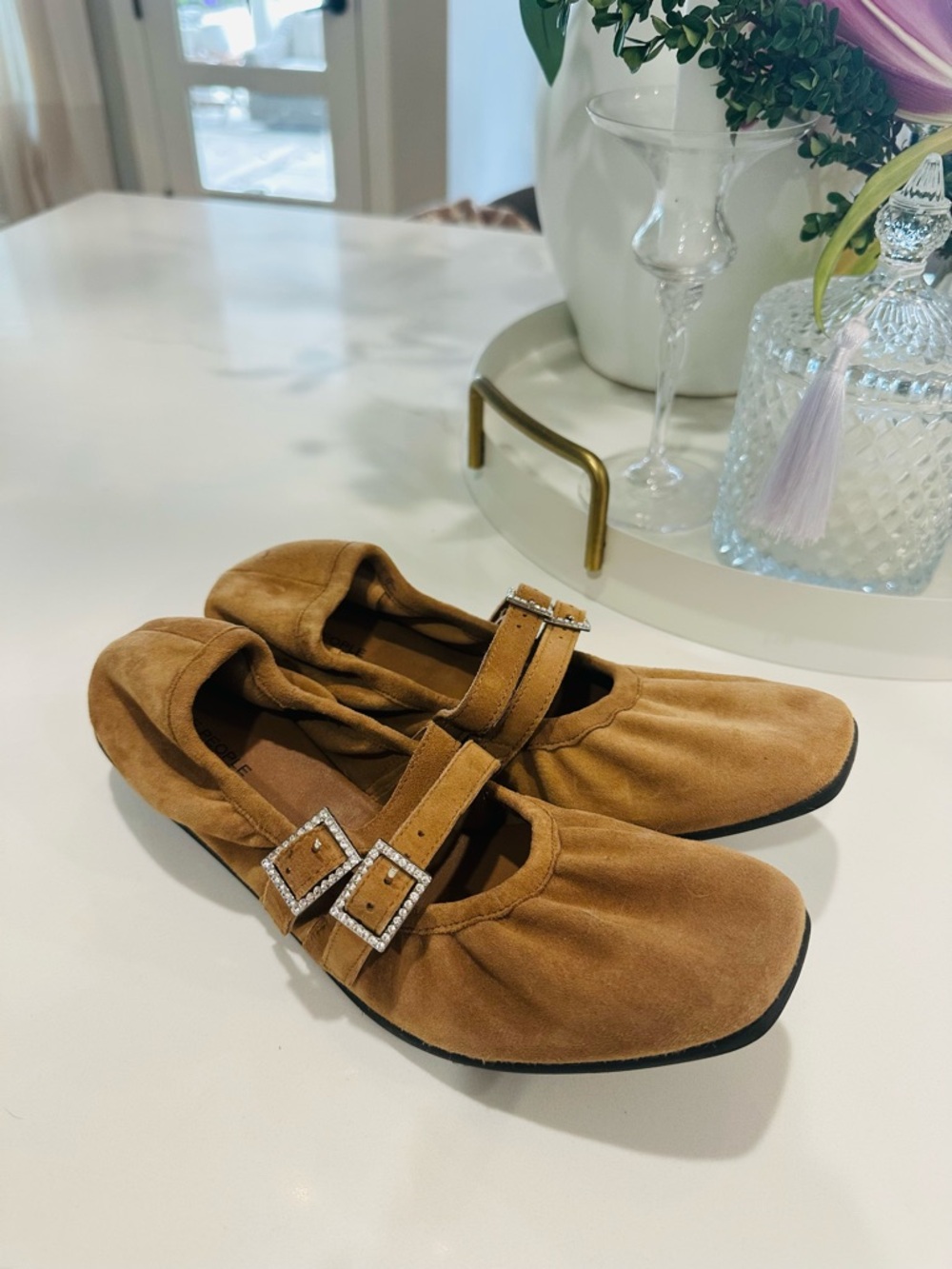 Free People Tan Suede Mary Jane Flats with Rhinestone Buckles only worn once!